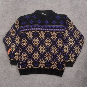 vintage 90s Women's Large Nordic knit sweater black purple gold floral